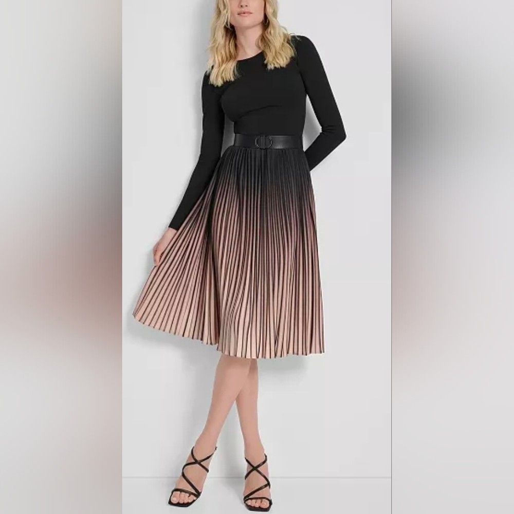 DKNY Women's Ombré Sunburst Pleat-Skirt Long-Sleeve Midi Dress